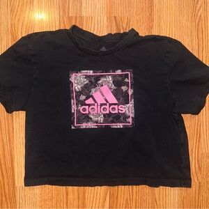 Adidas Black and Pink Graphic Cropped T-Shirt